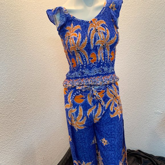 Cute shirred rayon top and groovy wrap pants set blue orange white one size - Picture 1 of 10